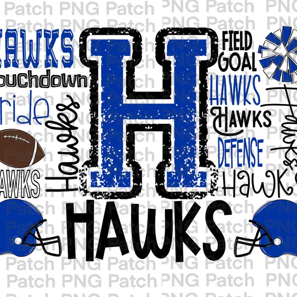 Hawks Football Typography | Royal Blue | Team Mascot PNG File | Team Digital Design | Football Sublimation Designs