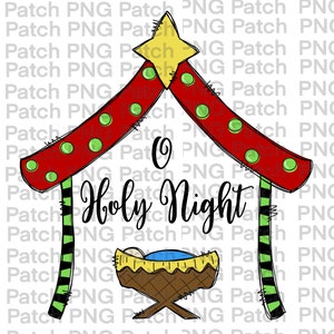 May include: A red and green Christmas house with a yellow star on top. The house has a black and green striped door and the words "O Holy Night" written in black. There is a brown manger with a blue blanket inside.