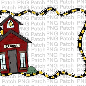 Peut inclure: Une école en briques rouges avec une porte et des fenêtres noires, un clocher et le mot "SCHOOL" au-dessus de la porte. L'école est entourée d'une bordure ondulée jaune et noire.