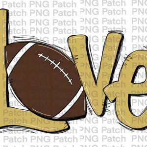 Op de afbeelding: Gouden en bruine grafische vormgeving van het woord "Love" met een voetbal in de "L".