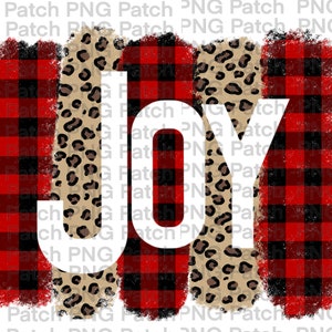 以下が含まれることがあります： 赤と黒のbuffalo plaidとレオパード柄の背景に、白い文字で「Joy」と書かれています。