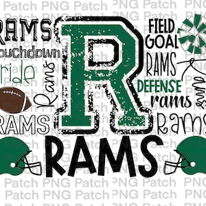 Op de afbeelding: Een groen en zwart grafisch ontwerp met het woord "RAMS" in grote zwarte letters. De grafiek bevat ook een grote groene letter "R" met een verweerde look, een voetbal, een cheerleader pompon en twee voetbalhelmen. De woorden "Touchdown", "Pride", "Field Goal", "Defense" en "Rams" zijn ook in het ontwerp opgenomen.