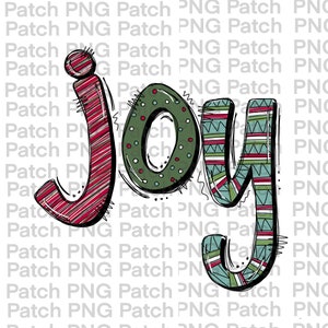 Könnte beinhalten: Eine handgezeichnete Illustration des Wortes "Freude" in Grün, Rot und Blau auf weißem Hintergrund. Die Buchstaben sind mit Streifen und Mustern verziert.