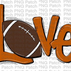 Op de afbeelding: Een digitale afbeelding met het woord "LOVE" in oranje, omlijnd met zwart. De letter "O" is vervangen door een bruine American football met witte veters. De achtergrond is wit.