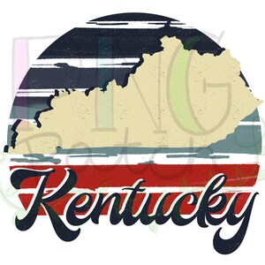 May include: A vintage-style graphic featuring the outline of the state of Kentucky in beige with a red, white, and blue striped background. The text "Kentucky" is written in a bold, black font.