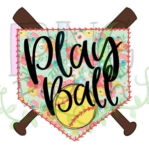 May include: A floral patterned baseball home plate with the text "Play Ball" in black script. A yellow baseball is in the centre of the home plate. Two brown baseball bats are crossed behind the home plate.