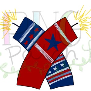 May include: Two red, white and blue fireworks with yellow sparks. The fireworks are crossed over each other.