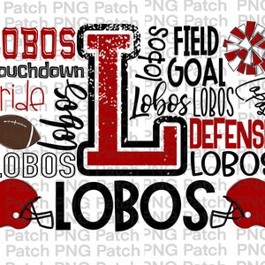 Op de afbeelding: Een grafisch ontwerp met het woord "LOBOS" in verschillende lettertypen en maten, samen met voetbaltermen als "Touchdown", "Field Goal" en "Defense". Het ontwerp bevat een voetbal, helmen en een cheerleader-pompon in rood en zwart.