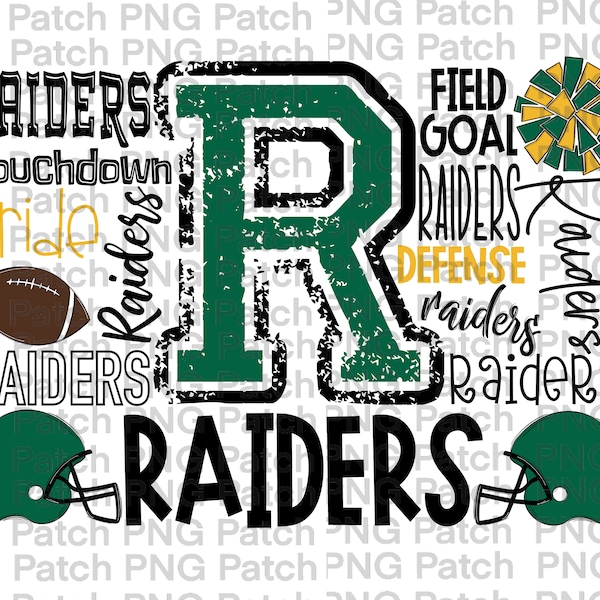 Raiders Football Typography, Green and Gold, Mascot PNG File, Team Digital Design, Cheer, Football Sublimation Designs, Touchdown, Defense