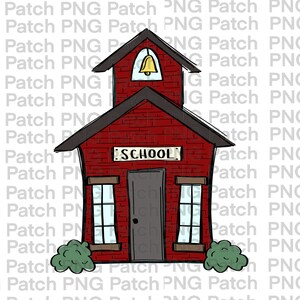 Peut inclure: Illustration de dessin animé d'une école en briques rouges avec un clocher. L'école a une porte grise, des fenêtres et une enseigne qui dit "SCHOOL". Des buissons verts sont à la base du bâtiment.