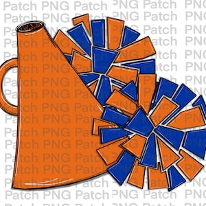 Puede incluir: Una porra de animadora azul y naranja con un megáfono. El megáfono es naranja y tiene un mango negro.