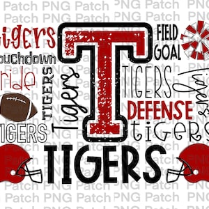 May include: A red and black graphic design with the letter "T" in the center. The graphic includes the words "Tigers", "Touchdown", "Pride", "Field Goal", "Defense", and "Tigers". There are also images of a football, a cheerleader's pom-pom, and a football helmet.