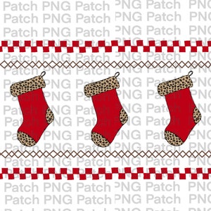 May include: Three red Christmas stockings with white trim and a leopard print cuff. The stockings are hanging from a brown and white checkered border.