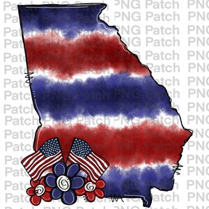May include: A red, white, and blue tie-dye design of the state of Georgia with two small American flags and three flowers at the bottom.