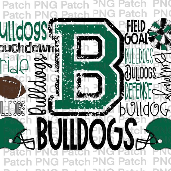Bulldogs Football Typography, Green Black, Mascot PNG File, Team Digital Design, Cheer, Football Sublimation Designs, Touchdown, Defense