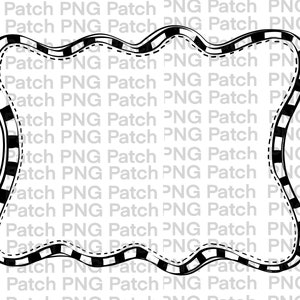 May include: A black and white wavy frame with a dashed white border. The frame has a striped pattern on the sides and is designed with a decorative, irregular shape. The background is a light grey with the text "PNG Patch" repeated.