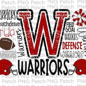 May include: A red and black graphic design with the letter W in the center. The graphic includes the words "Warriors", "Touchdown", "Pride", "Field Goal", "Defense", and a football helmet and football.