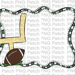 May include: A green and white wavy frame with a football and goal post in the center. The frame is decorated with a black outline and white dashes.