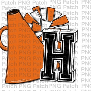 Athletic Block H | Orange White Cheerleader Megaphone and Pom | Cheer PNG Digital Design | Cheer Sublimation | Printable