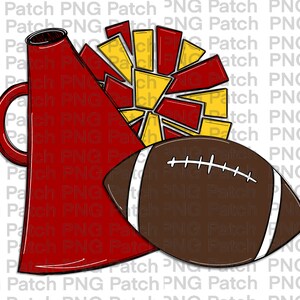 May include: A red megaphone, a brown football, and a yellow and red cheerleader pom-pom. The megaphone has a white handle and a white outline. The football has white laces and a white outline. The pom-pom has a white outline.