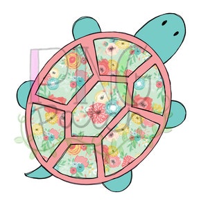 May include: A pink turtle with a floral pattern on its shell. The turtle has a teal head and legs.