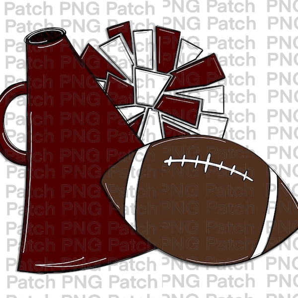 Maroon White Football, Cheerleader Megaphone and Pom Poms, Football PNG Digital Design, Cheer Sublimation Designs Downloads