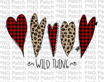 Wild Thing, Five Buffallo Plaid and Leopard Print Hearts, Cupid Arrow, Valentine's Day PNG Digital Design, Love Sublimation Design Download