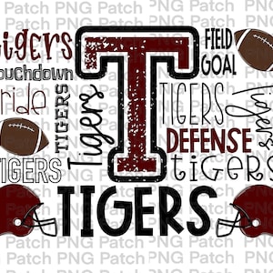 Op de afbeelding: Een kastanjebruin en zwart grafisch ontwerp met de letter "T" in het midden. De grafiek bevat de woorden "Tigers", "Touchdown", "Pride", "Field Goal", "Defense" en "Tigers". Er zijn twee voetbalhelmen en een voetbal in het ontwerp.