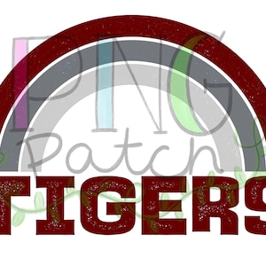 Op de afbeelding: Een maron en grijze regenbooggrafiek met het woord "TIGERS" in een verweerd lettertype.