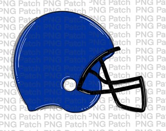 May include: A blue and black football helmet with a white outline. The helmet has a face mask with a black metal cage.