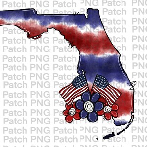 Può includere: Un'illustrazione ad acquerello dello stato della Florida in rosso, bianco e blu, che ricorda la bandiera americana. Lo stato è circondato da un gruppo di fiori rossi, bianchi e blu, con due bandiere americane dietro i fiori.