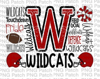 Wildcats Football Typography, Red Black, Mascot PNG File, Team Digital Design, Cheer, Football Sublimation Designs, Touchdown, Defense