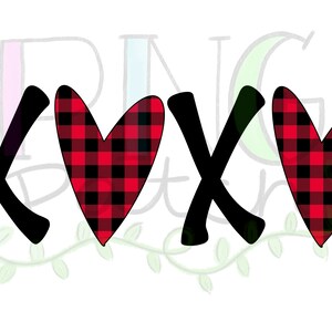 May include: Two black X's with a red and black buffalo plaid heart between each X.