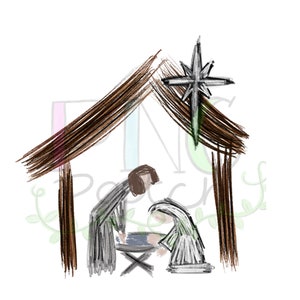 May include: A simple, hand-drawn illustration of a nativity scene. Two figures, one standing and one kneeling, are depicted in a brown, wooden shelter. A six-pointed star is above the shelter.