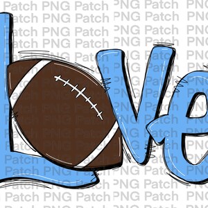 Op de afbeelding: Een blauw en wit grafisch ontwerp van het woord "Love" met een bruine voetbal in het midden van de "L".