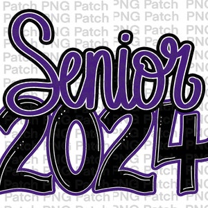 May include: A graphic design featuring the word "Senior" in purple script with a black outline, above the number "2024" in black with a white outline. The design is suitable for graduation-themed products.