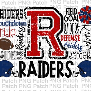 Könnte beinhalten: Eine rote und schwarze Grafik mit dem Buchstaben "R" in der Mitte. Die Grafik enthält die Wörter "RAIDERS", "Touchdown", "Pride", "Field Goal", "Defense" und "Raiders" in einer verwitterten Schriftart. Es gibt zwei Footballhelme und einen Football in der Grafik.