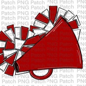 May include: Red and white cheerleading pom poms with a red megaphone. The megaphone has a white outline and a black handle.