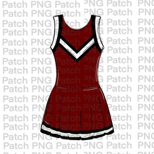 Può includere: Un'uniforme da cheerleader bordeaux con dettagli bianchi e neri. Il top senza maniche presenta un motivo a chevron bianco e finiture nere. La gonna a pieghe ha una striscia bianca e nera sull'orlo.