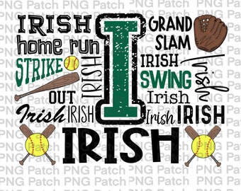May include: A green and black graphic design with the word "IRISH" repeated multiple times. The design also includes the words "home run", "strike", "out", "grand slam", "swing", and "Irish". There are two baseball bats and two yellow baseballs in the design.