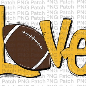 Op de afbeelding: Een geel en bruin grafisch ontwerp van het woord "Love" met een voetbal in de "L".