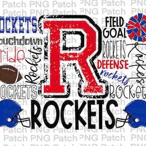 May include: A red and black graphic with the letter "R" in the center. The letter is surrounded by the words "Rockets", "Touchdown", "Pride", "Field Goal", "Defense", and "rockets". There is a football, a cheerleader pom-pom, and two football helmets.