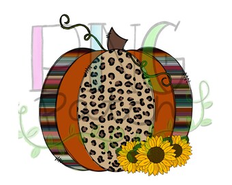 Leopard Print and Serape Pumpkin with Sunflowers, Fall PNG File,  Pumpkins Digital Design, Fall Sublimation Designs, Instant Download