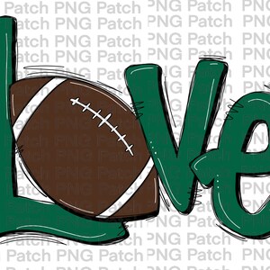 Op de afbeelding: Groene en witte "Love" afbeelding met een bruine en witte voetbal in het midden van de "L".