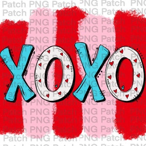 May include: A graphic design with the letters "XOXO" in a playful font. The "X" and "O" are outlined in black, with red hearts and blue accents. The background features red and pink brushstrokes, creating a Valentine's Day theme.