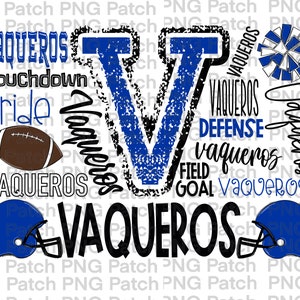 May include: A blue and black graphic design with the word "Vaqueros" repeated multiple times. The design also includes a football, a cheerleading pom-pom, and a football helmet. The words "Touchdown", "Pride", "Defence", "Field Goal" are also included in the design.