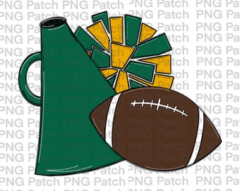 May include: A green megaphone, a brown football, and a green and yellow cheerleader's pom-pom.