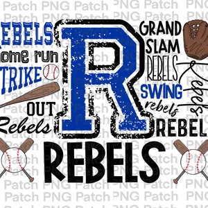 Tipografía de béisbol Rebels, Royal Blue and Black, Mascot PNG File, Team Digital Design, Cheer, Baseball Sublimation Designs,
