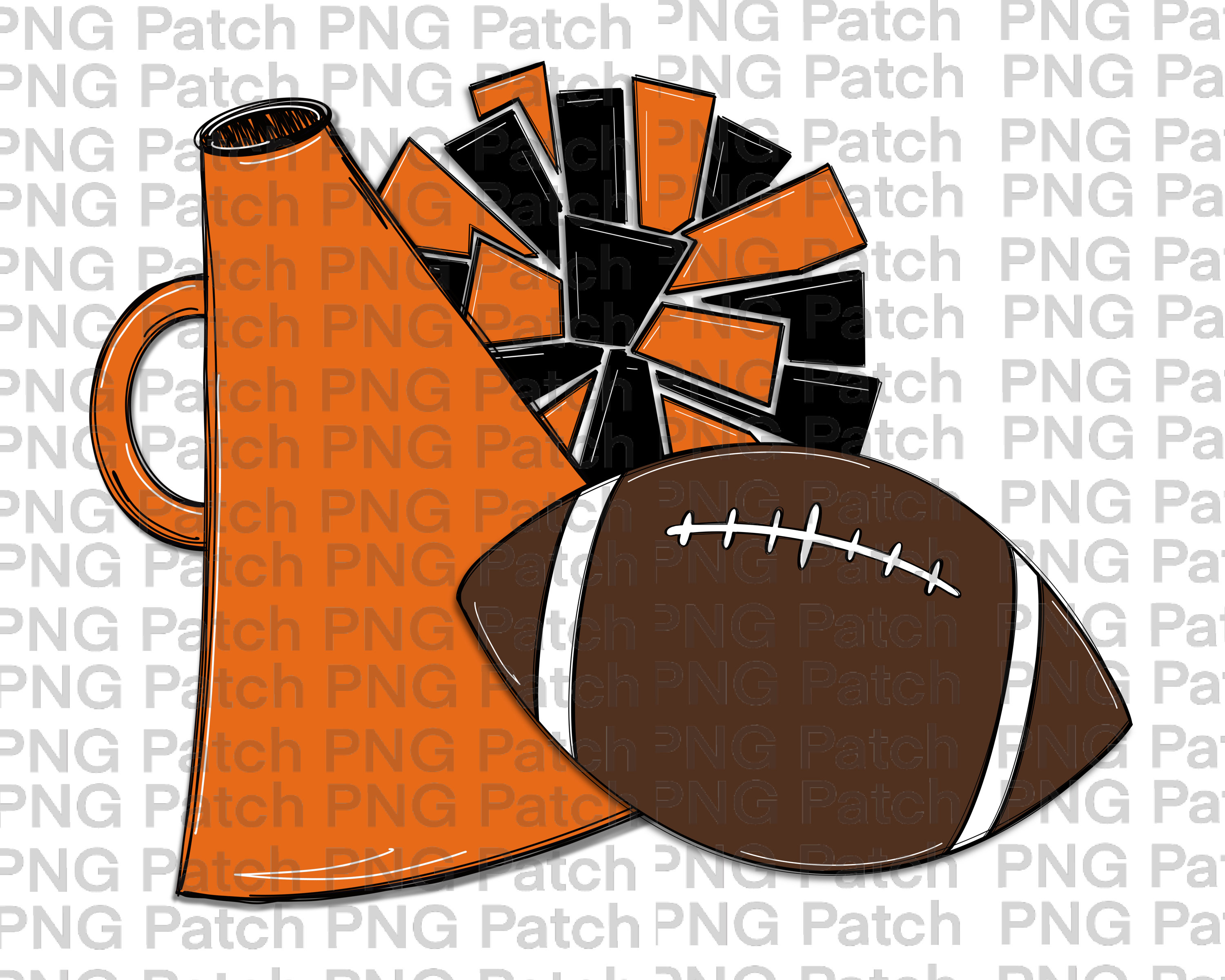 Orange and Black Football, Cheerleader Megaphone and Pom Poms