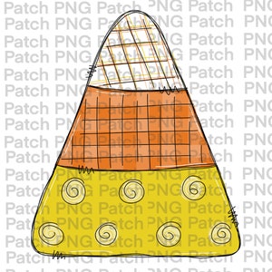May include: A cartoon-style candy corn illustration. The top section is a plaid pattern in white and orange. The middle section is orange with a grid pattern. The bottom section is yellow with six swirl designs.